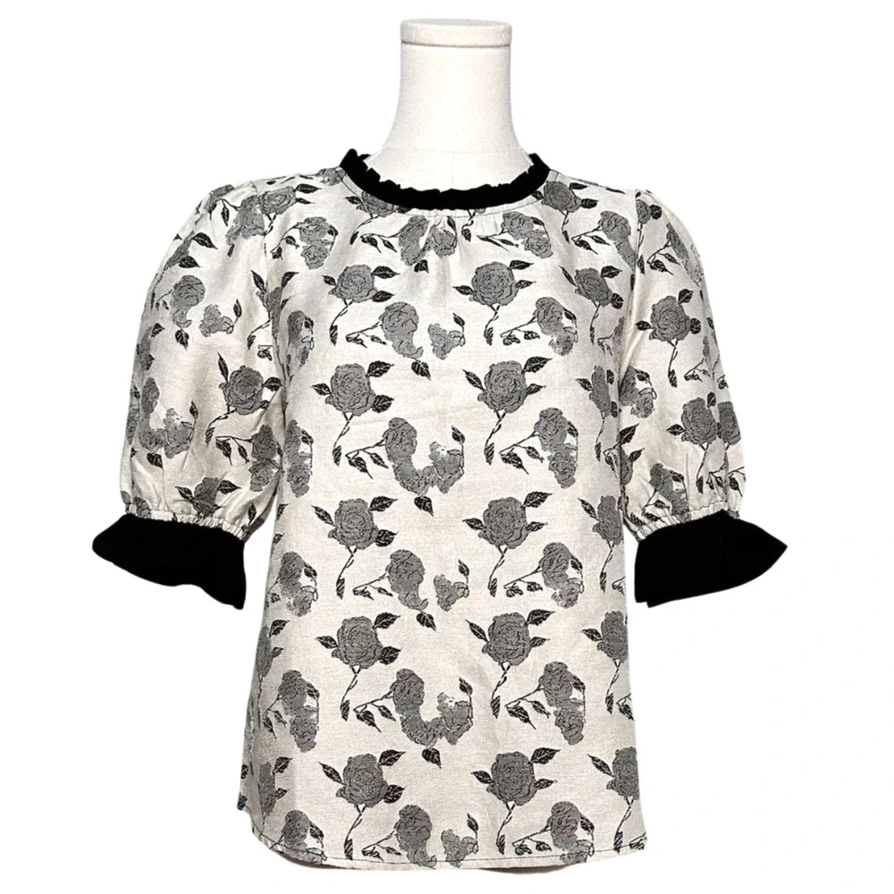 Voy NWT Black White Jacquard Rose Print Puff Sleeve Blouse Small Romantic - Picture 1 of 9